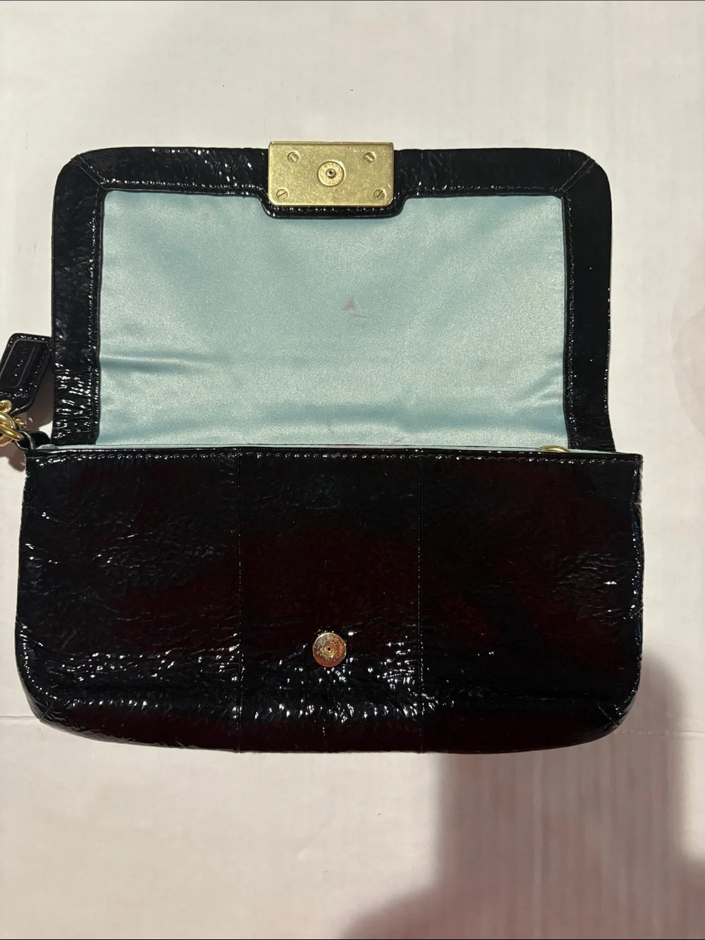 Coach Kristen Black Patent Leather Wristlet Phone Pouch with Gold Hardware